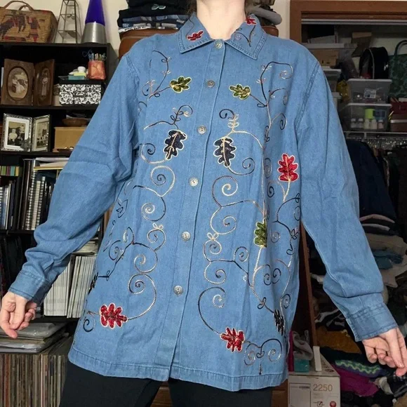 90s Adrian Delafield Embroidered Denim Button-Up Shirt Blouse Leaves Fall Fairy - Picture 5 of 14